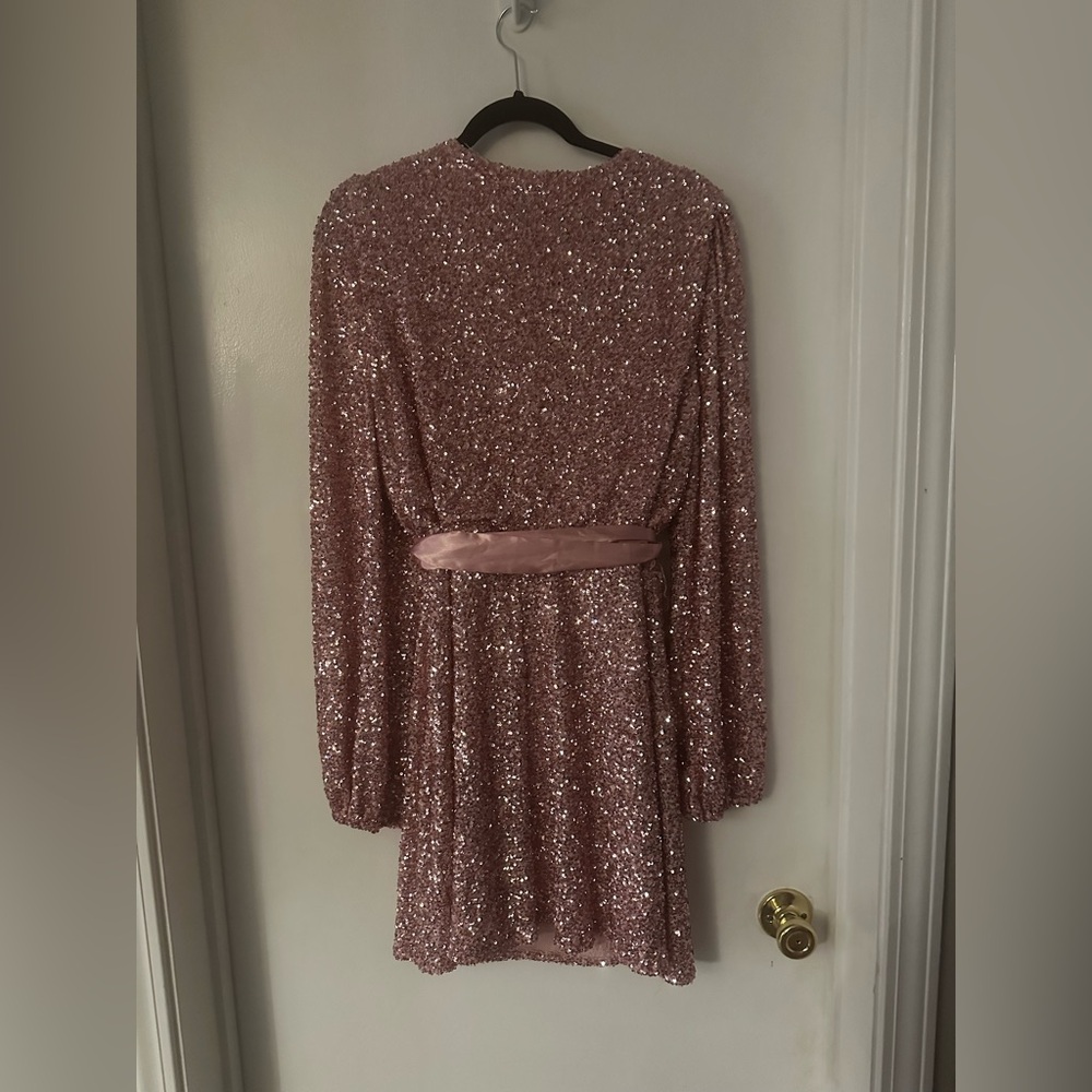 Sparkling Rose Pink Sequin Wrap Long-Sleeve Dress with Satin Tie - Picture 2 of 2